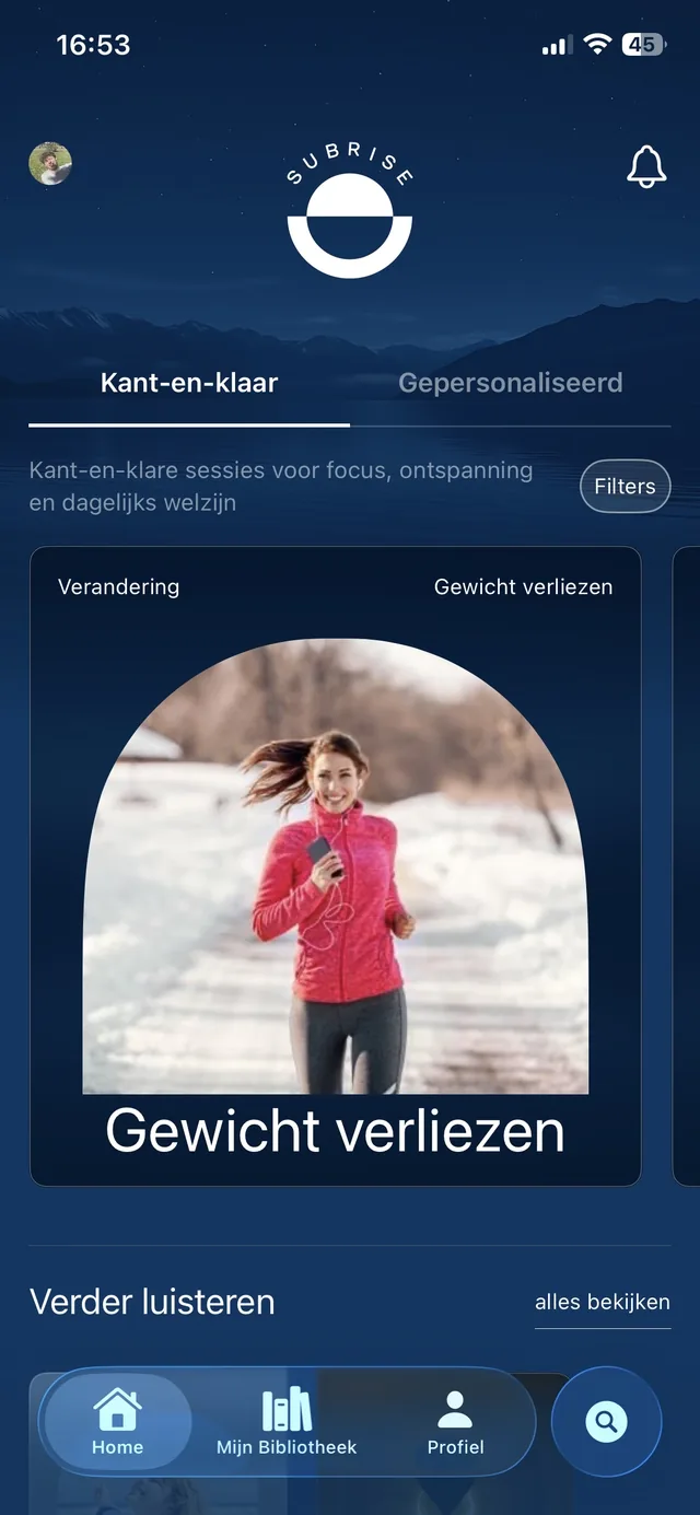 Startscherm van de Subrise-app met kant-en-klare en gepersonaliseerde sessies