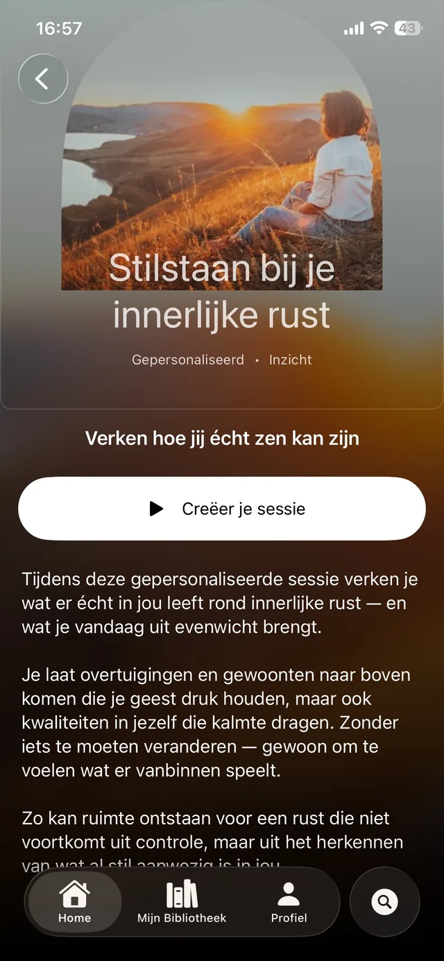 Sessiepagina Stilstaan bij je innerlijke rust met de knop om de sessie te creeren